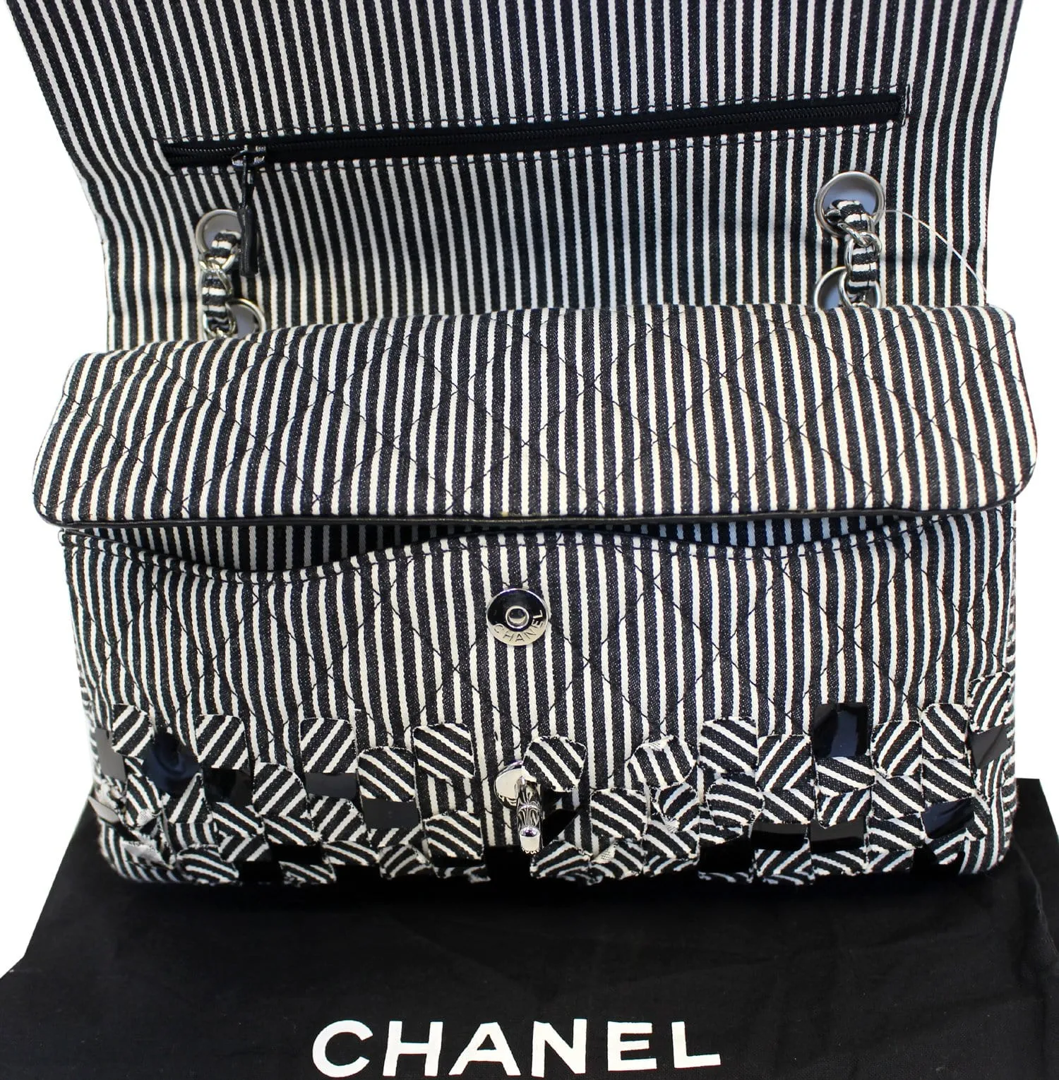 CHANEL Black/White Striped Medium Flap Shoulder Bag - Sale