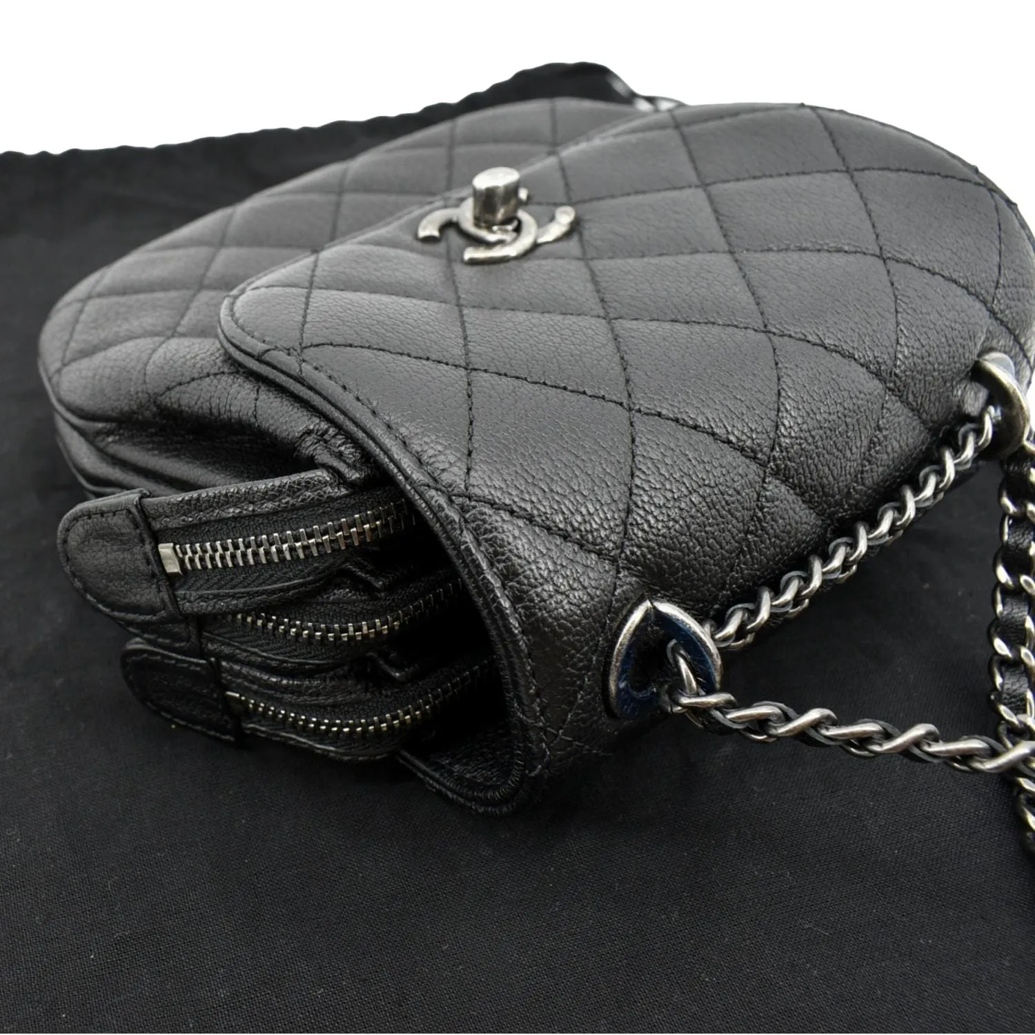 CHANEL CC Waiter Flap Goatskin Leather Crossbody Bag Black