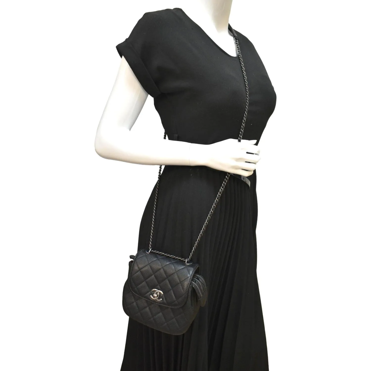 CHANEL CC Waiter Flap Goatskin Leather Crossbody Bag Black
