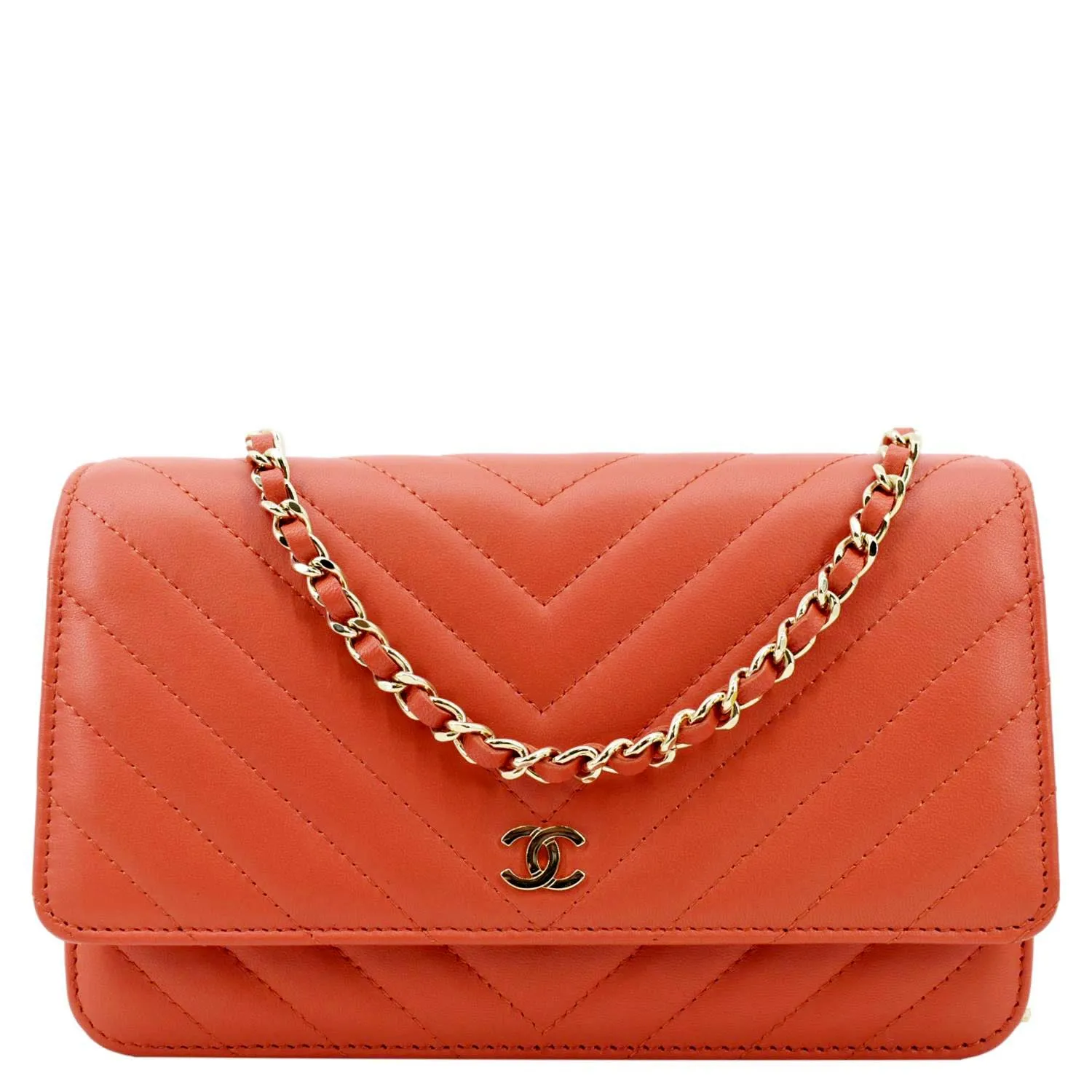 CHANEL CC WOC Chevron Leather Wallet On Chain Crossbody Bag Red