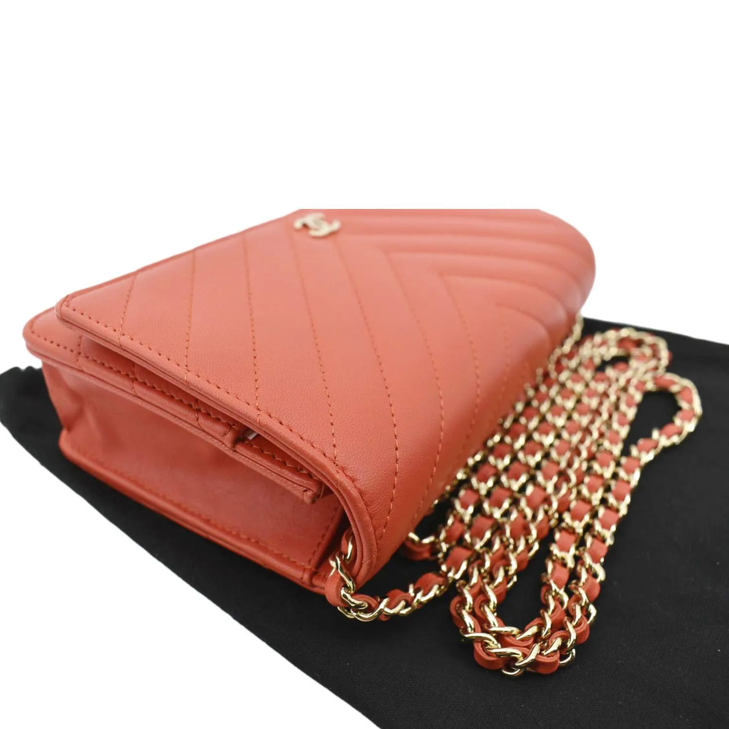 CHANEL CC WOC Chevron Leather Wallet On Chain Crossbody Bag Red