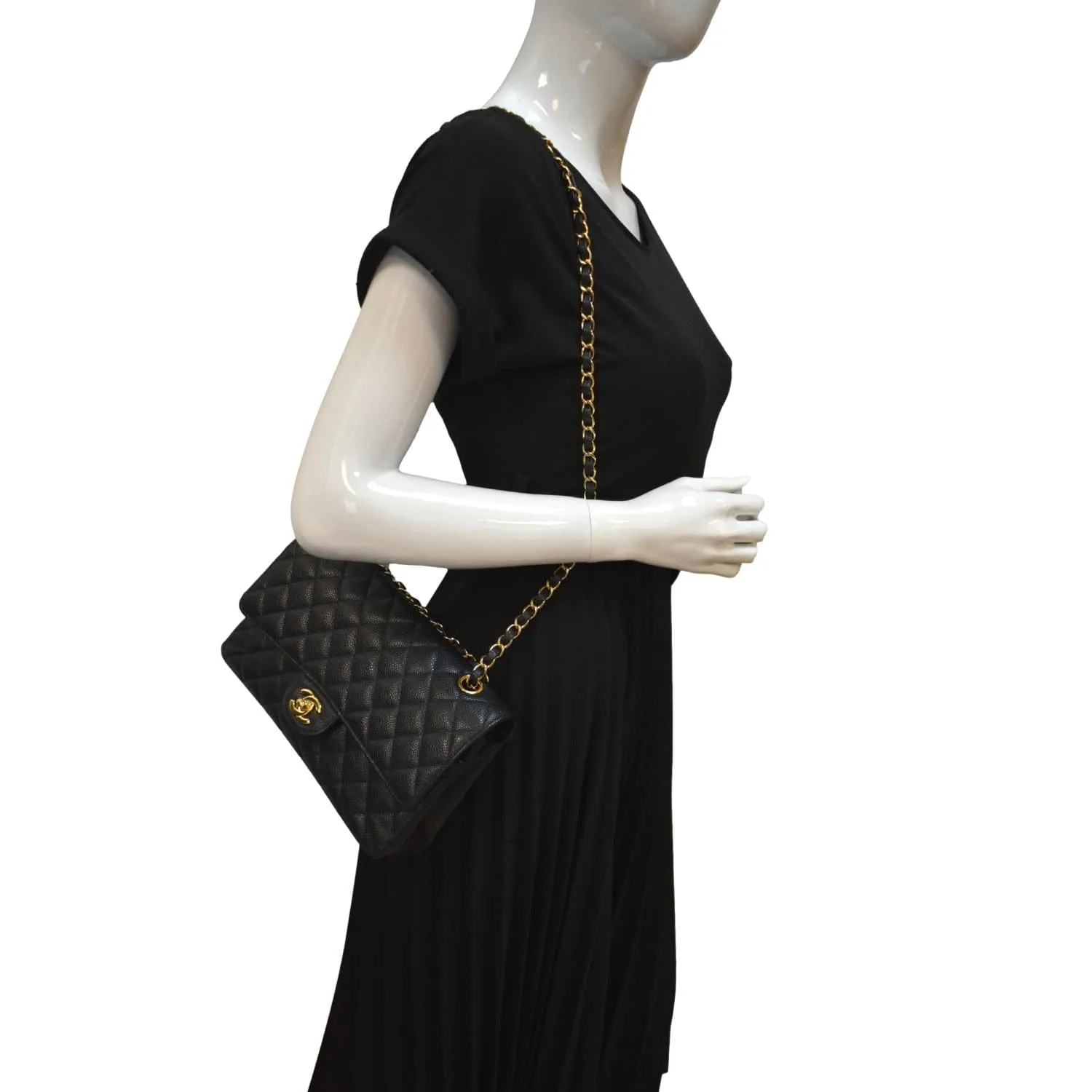 CHANEL Classic Double Flap Medium Caviar Leather Shoulder Bag Black