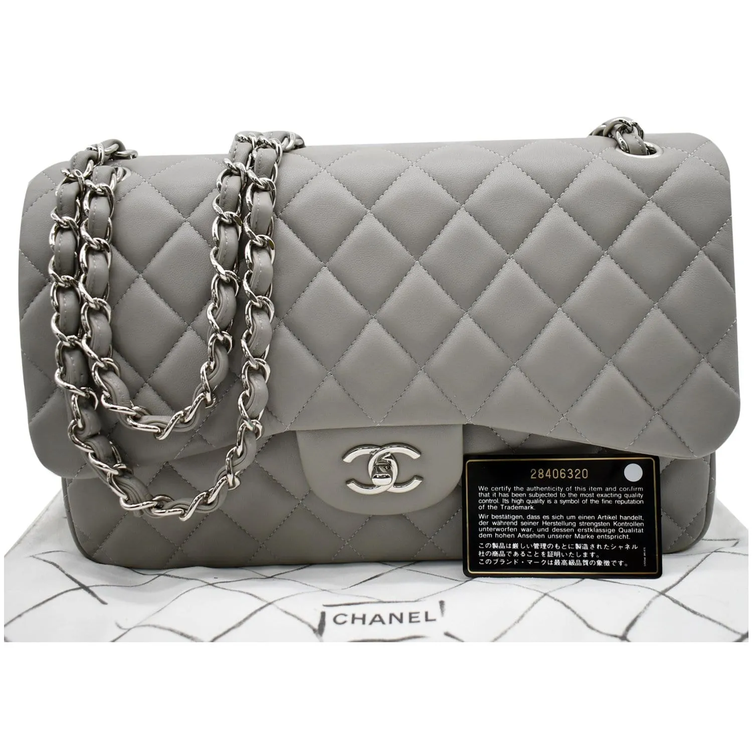 CHANEL Classic Jumbo Double Flap Lambskin Leather Shoulder Bag Grey
