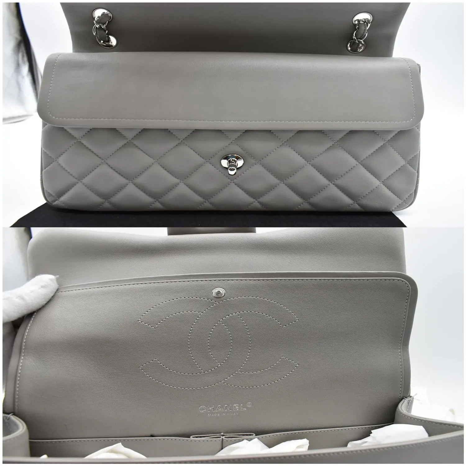 CHANEL Classic Jumbo Double Flap Lambskin Leather Shoulder Bag Grey