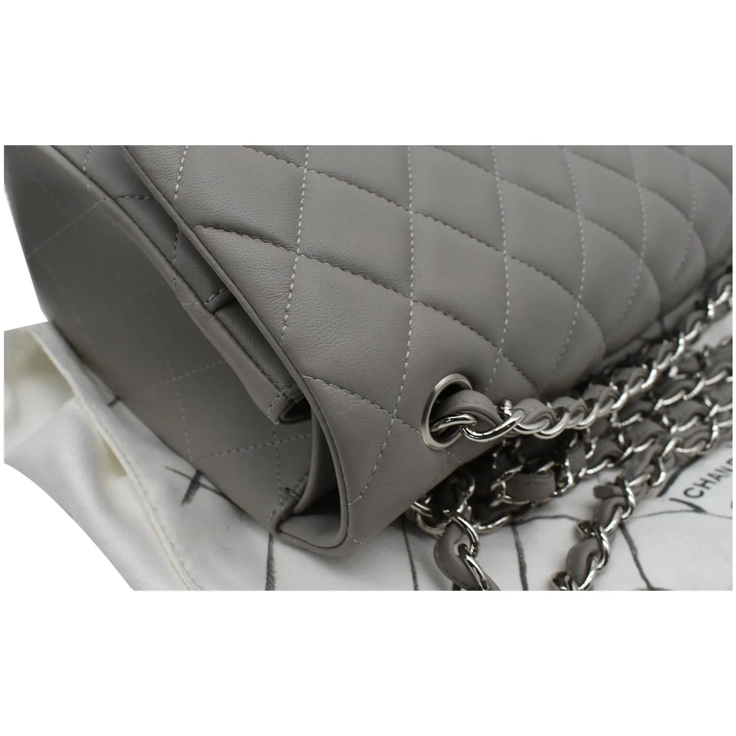CHANEL Classic Jumbo Double Flap Lambskin Leather Shoulder Bag Grey