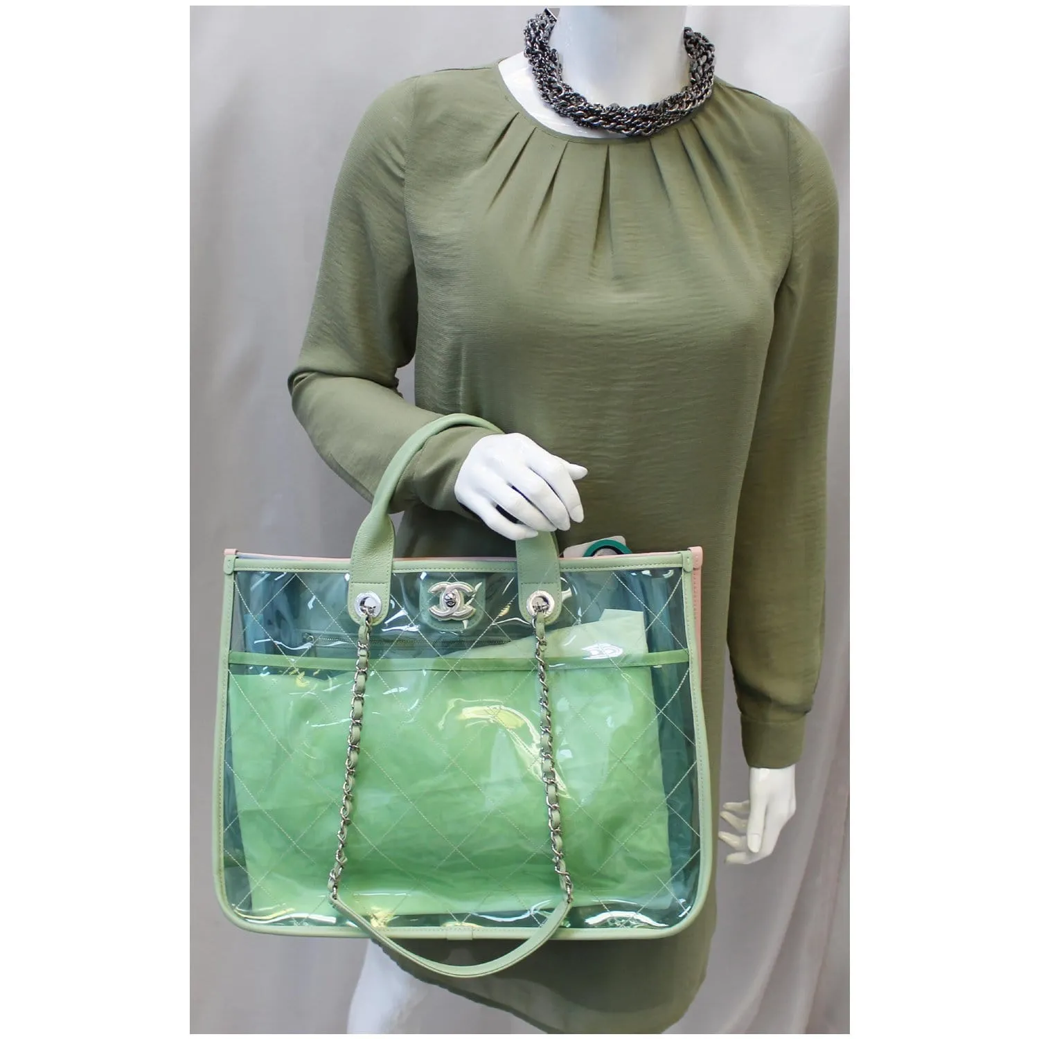 CHANEL Coco Splash Medium Lambskin PVC Quilted Shopping Bag Blue Green