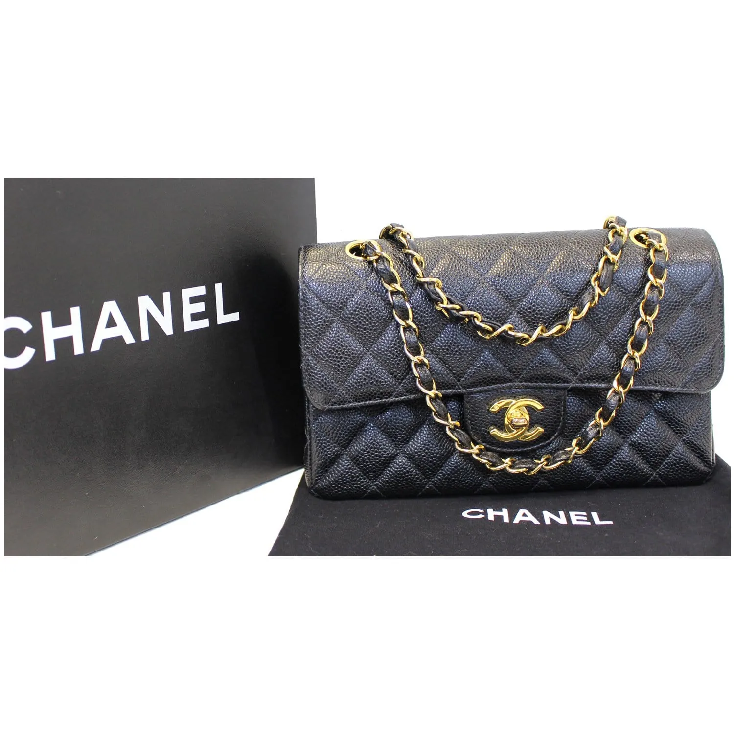 CHANEL Double Flap Small Caviar Leather Shoulder Bag Black