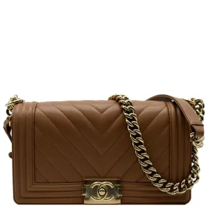 CHANEL Medium Boy Flap Chevron Caviar Leather Crossbody Bag Beige
