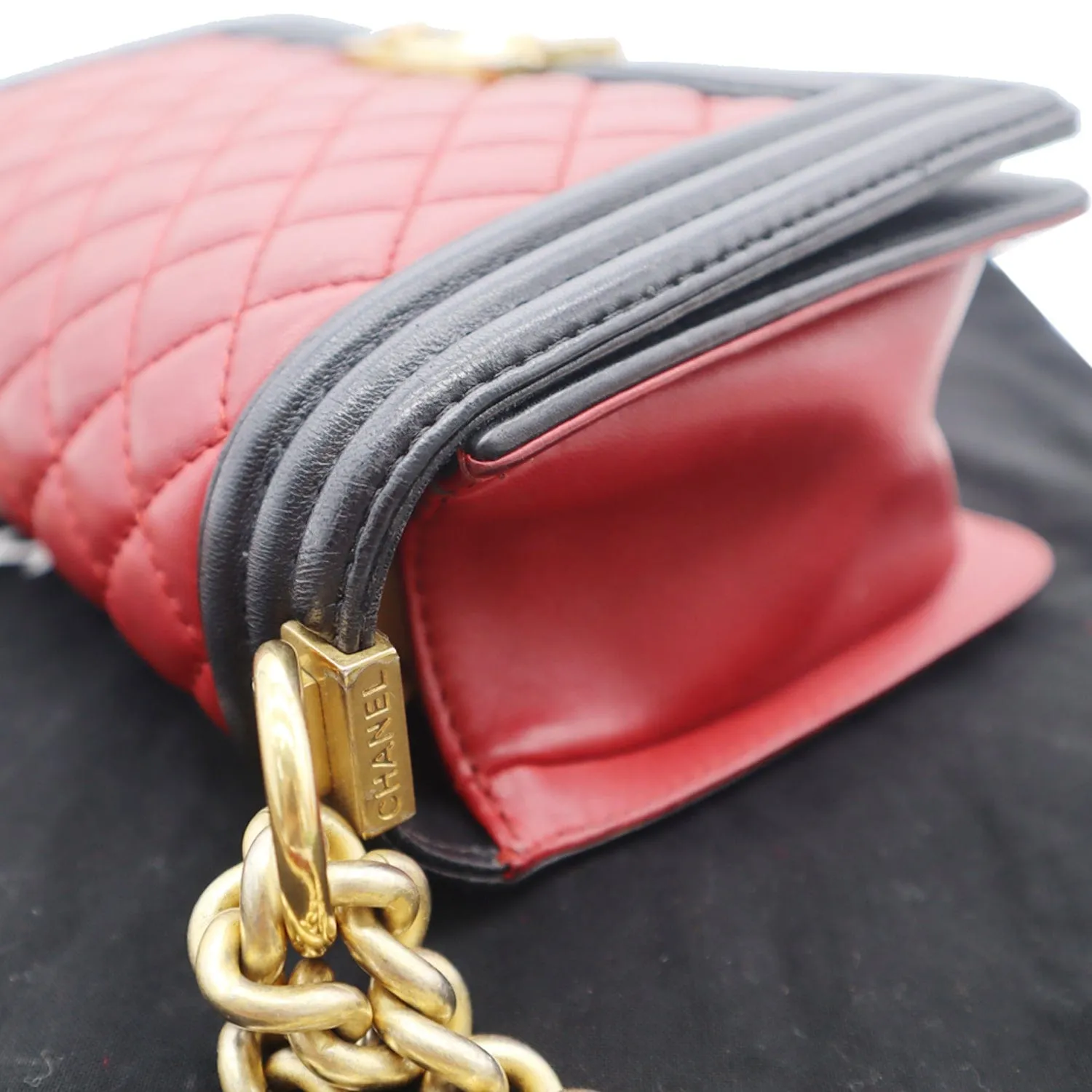 CHANEL Medium Boy Quilted Lambskin Leather Shoulder Bag Black/Red