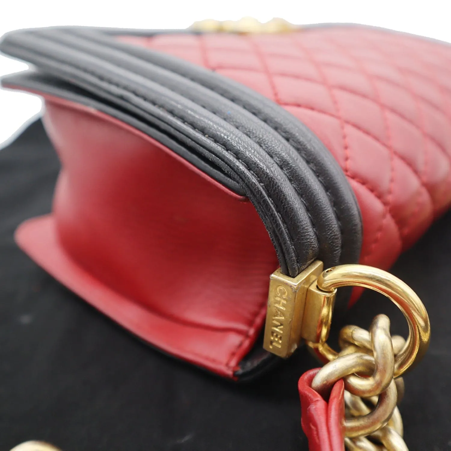 CHANEL Medium Boy Quilted Lambskin Leather Shoulder Bag Black/Red