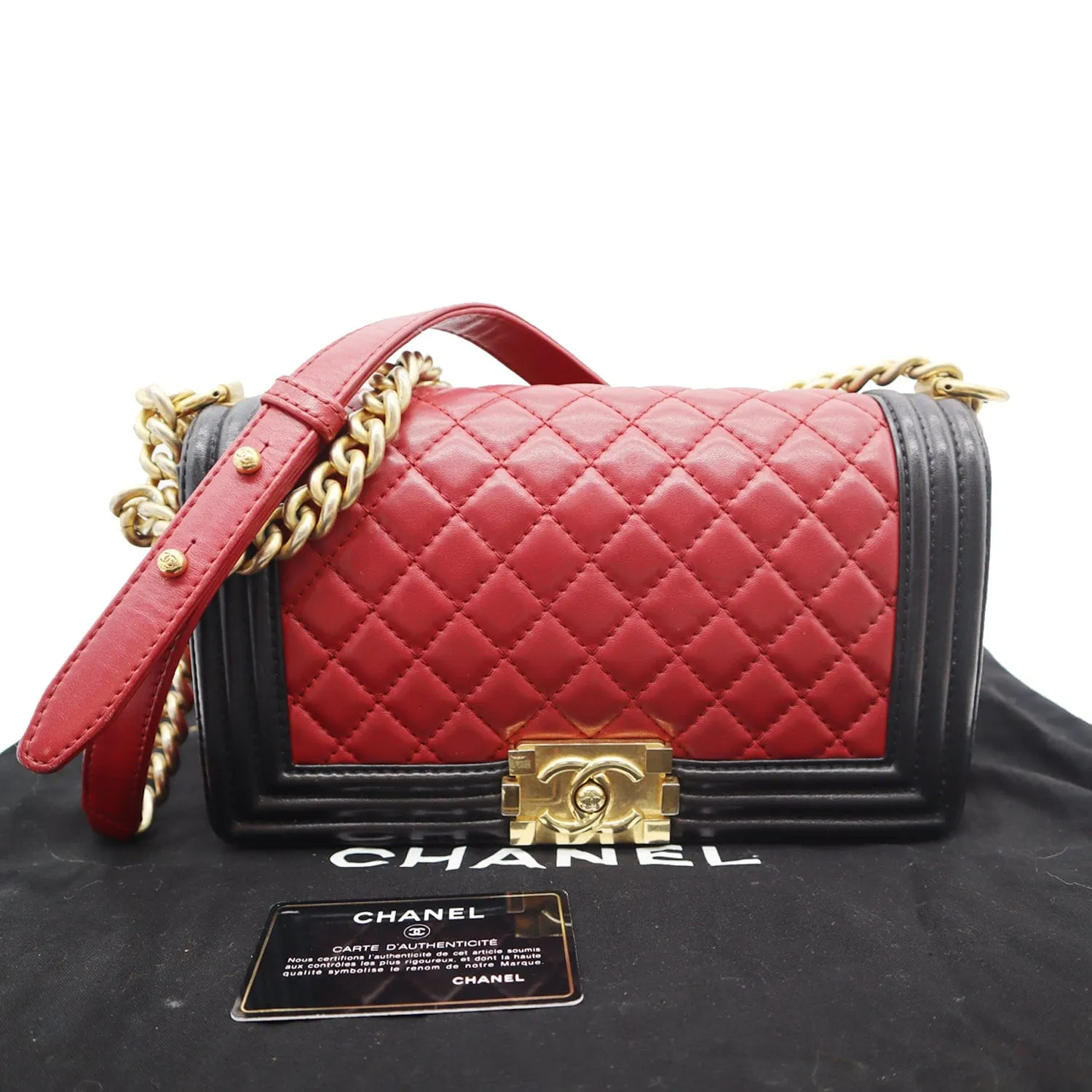 CHANEL Medium Boy Quilted Lambskin Leather Shoulder Bag Black/Red