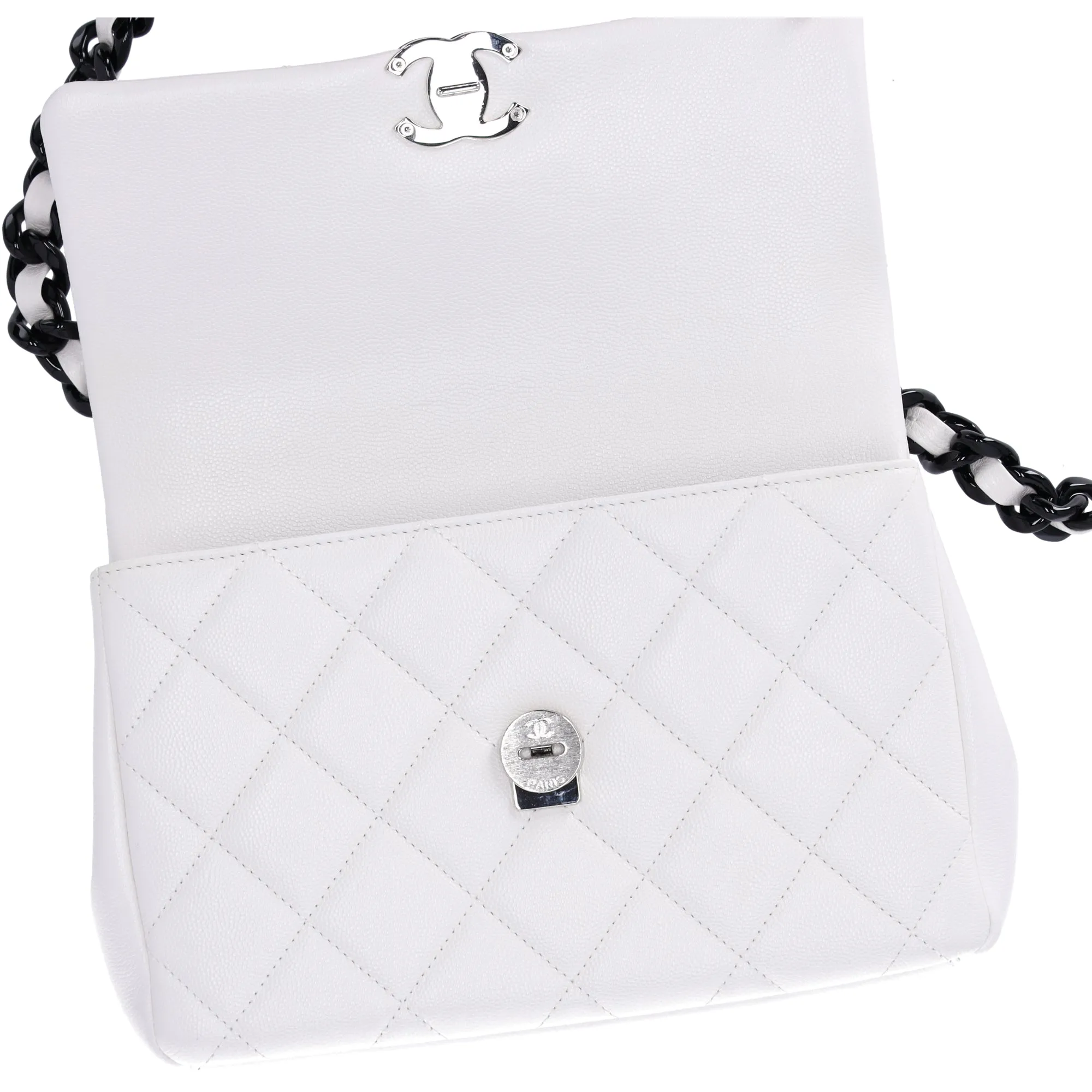 CHANEL My Everything Medium Flap Bag Quilted Caviar White w Black Hardware