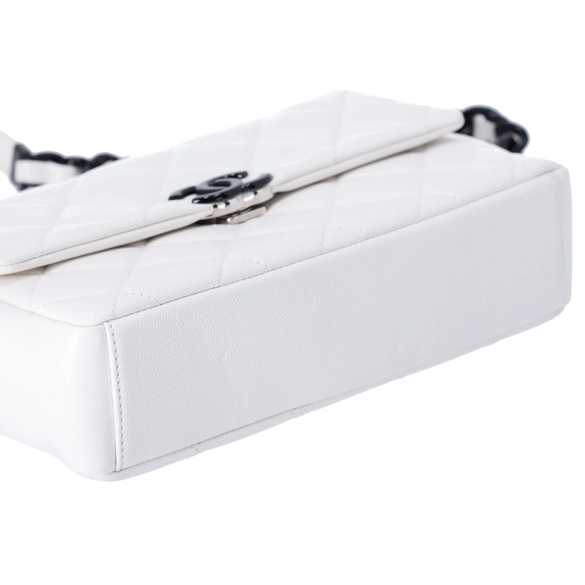 CHANEL My Everything Medium Flap Bag Quilted Caviar White w Black Hardware