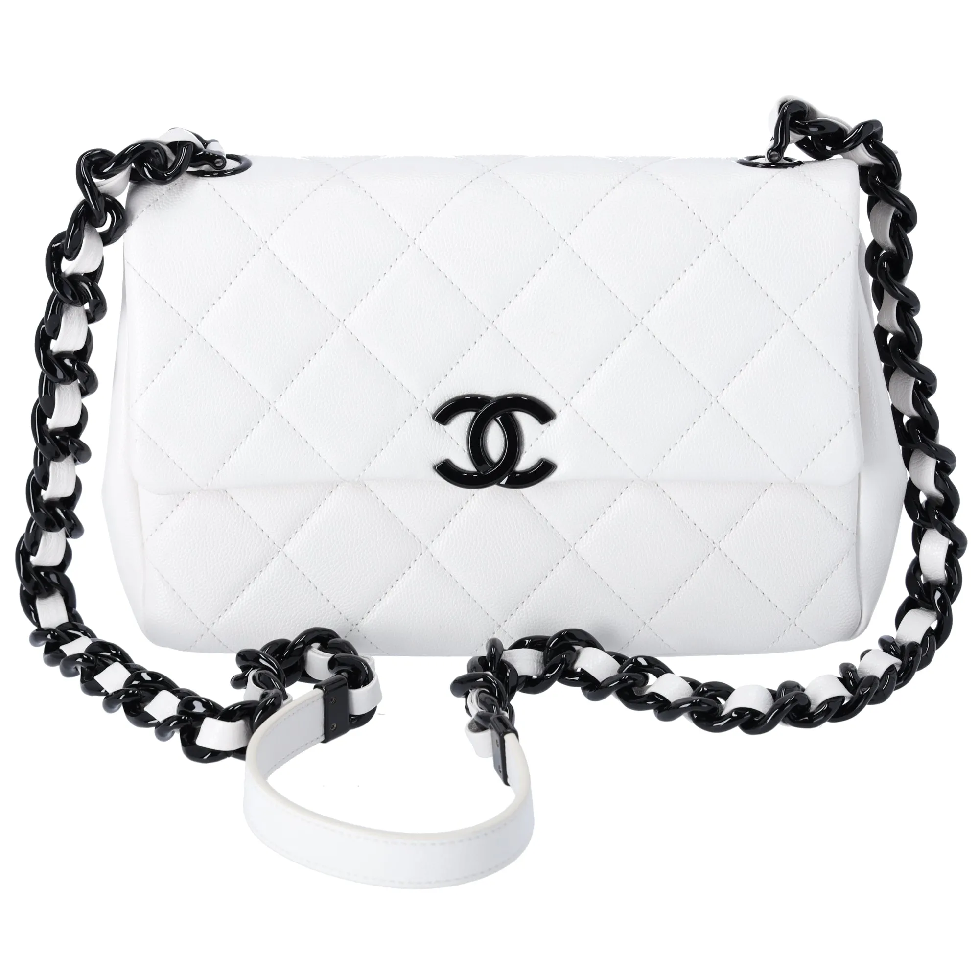 CHANEL My Everything Medium Flap Bag Quilted Caviar White w Black Hardware