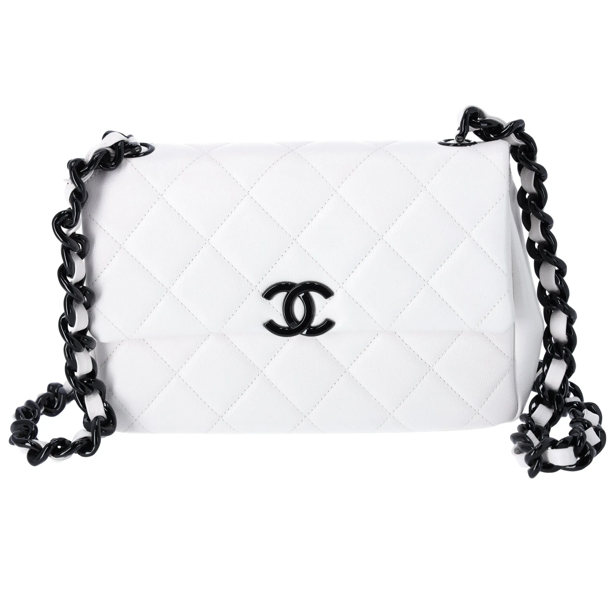 CHANEL My Everything Medium Flap Bag Quilted Caviar White w Black Hardware