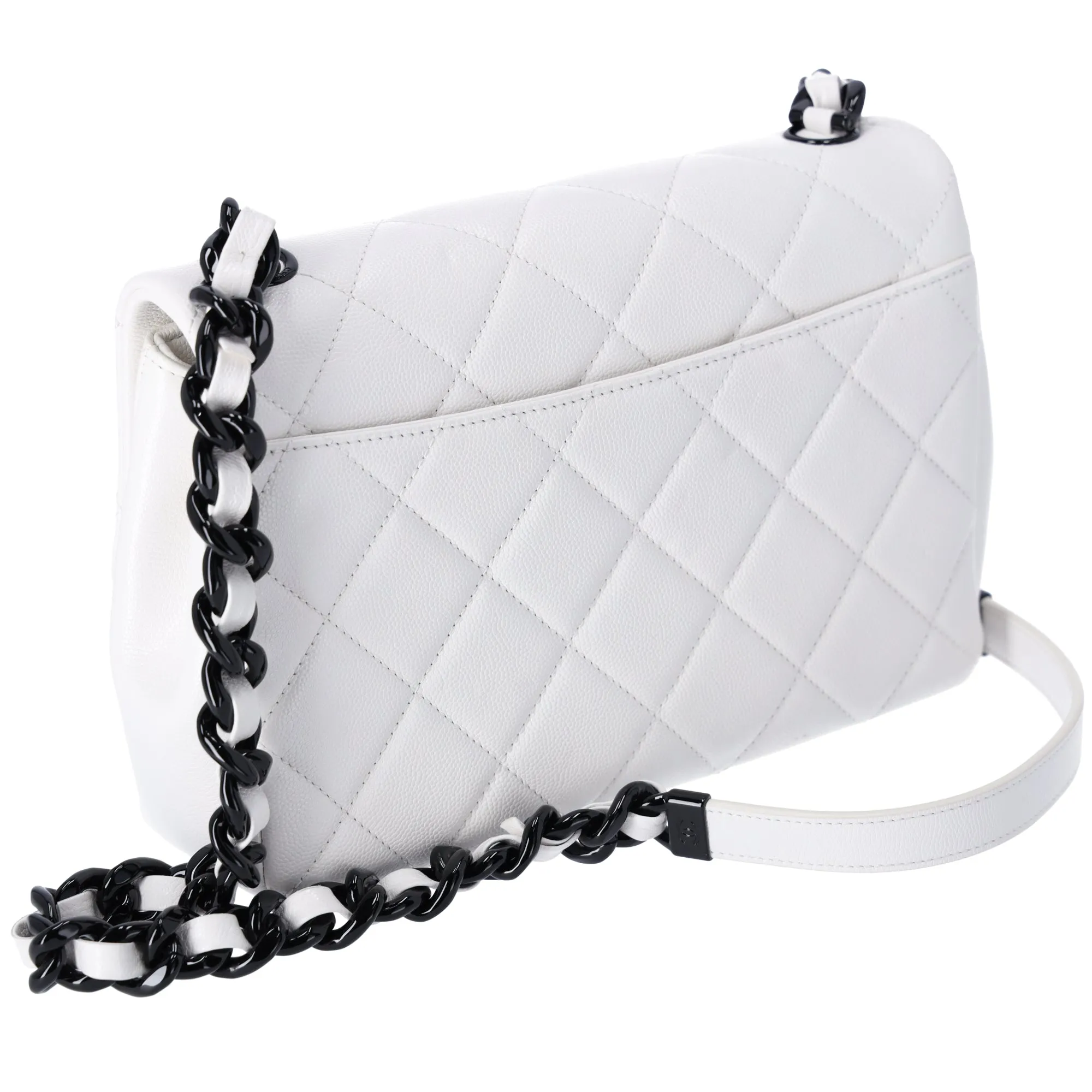 CHANEL My Everything Medium Flap Bag Quilted Caviar White w Black Hardware