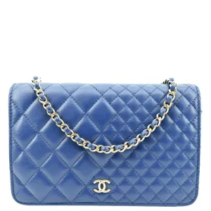 CHANEL Wallet On Chain Quilted Leather Crossbody Bag Blue