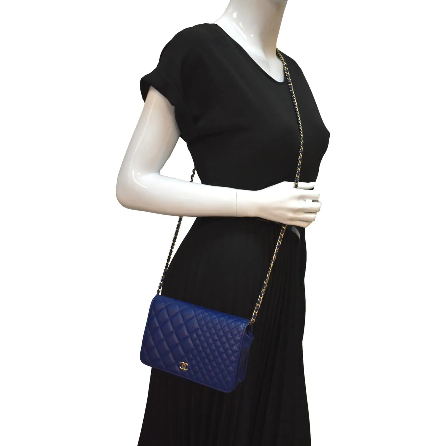 CHANEL Wallet On Chain Quilted Leather Crossbody Bag Blue