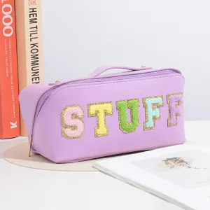 Chenille Patch Faux Leather Travel Makeup Bag-Purple