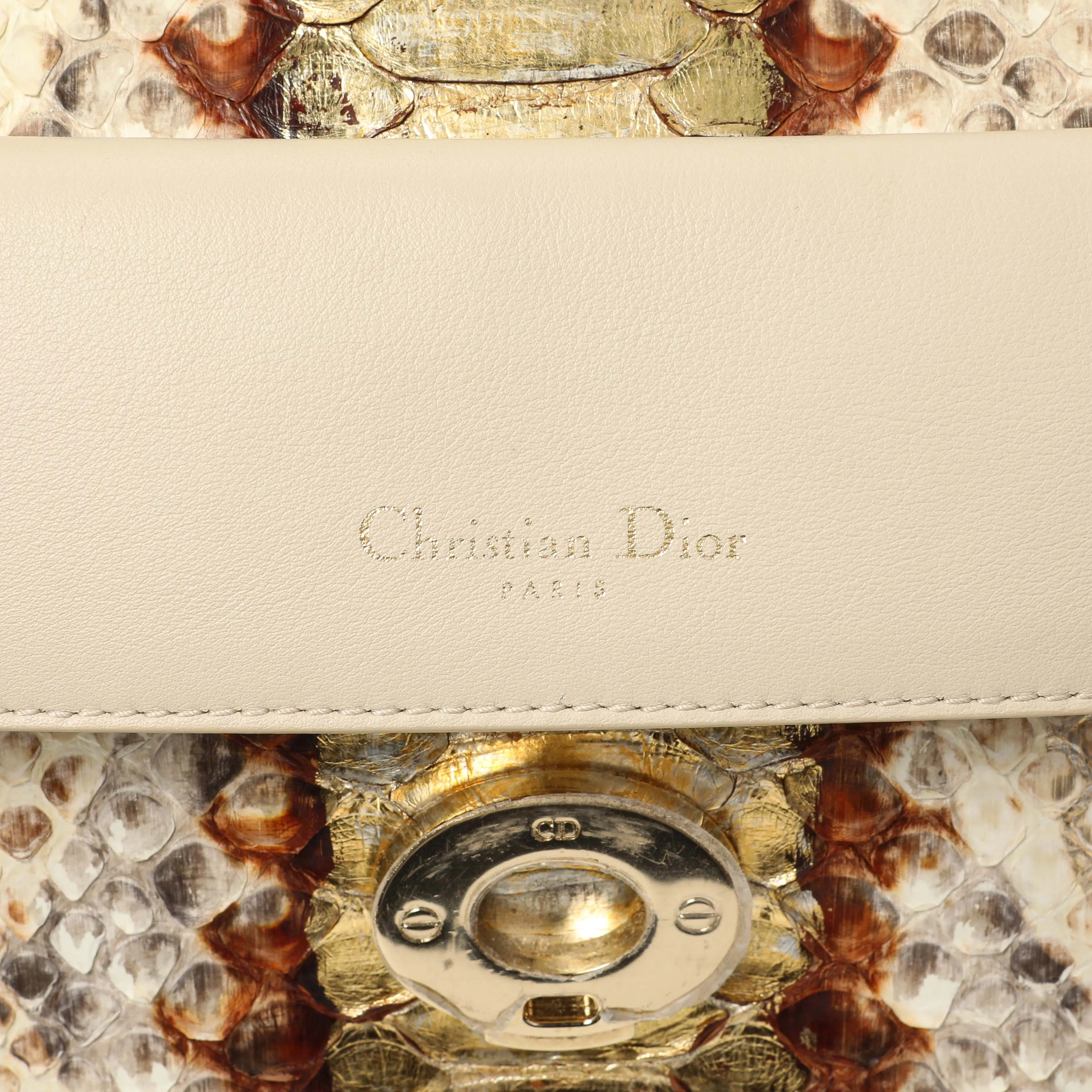 Christian Dior Beige Gold Metallic Python Small Be Dior Flap