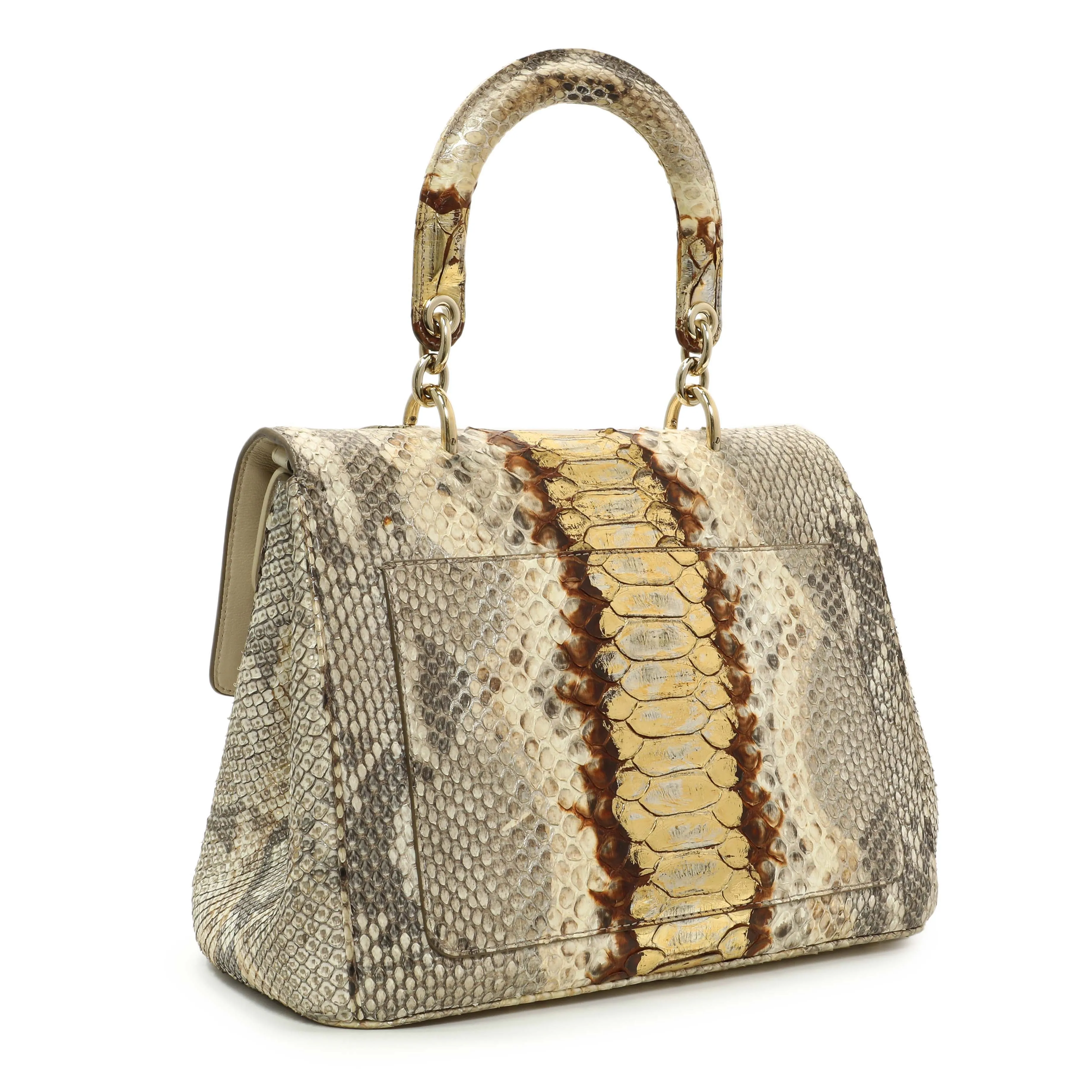 Christian Dior Beige Gold Metallic Python Small Be Dior Flap