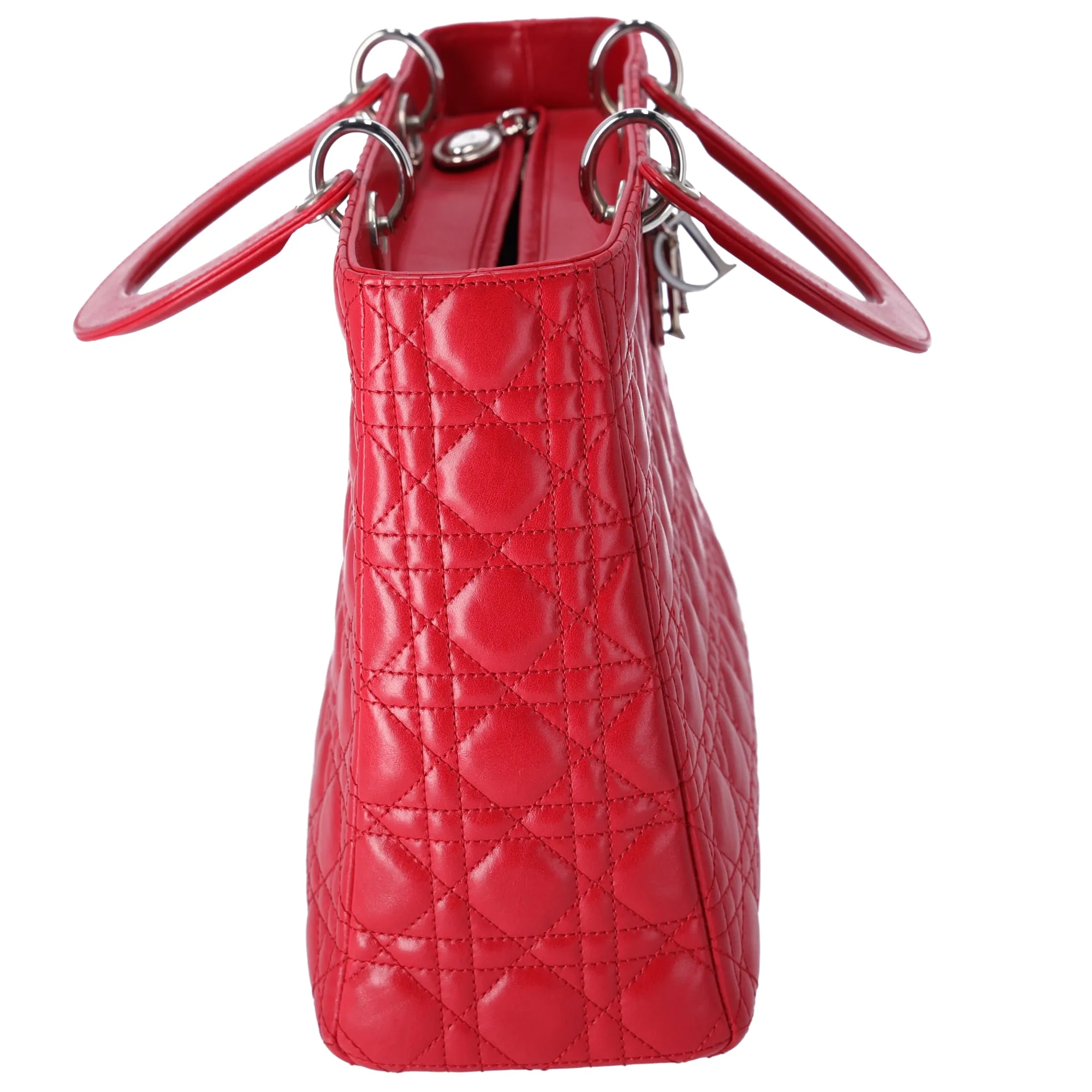 Christian Dior Lady Dior Large Bag Handbag Red Lambskin Quilted
