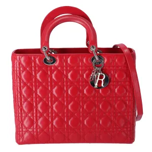 Christian Dior Lady Dior Large Bag Handbag Red Lambskin Quilted