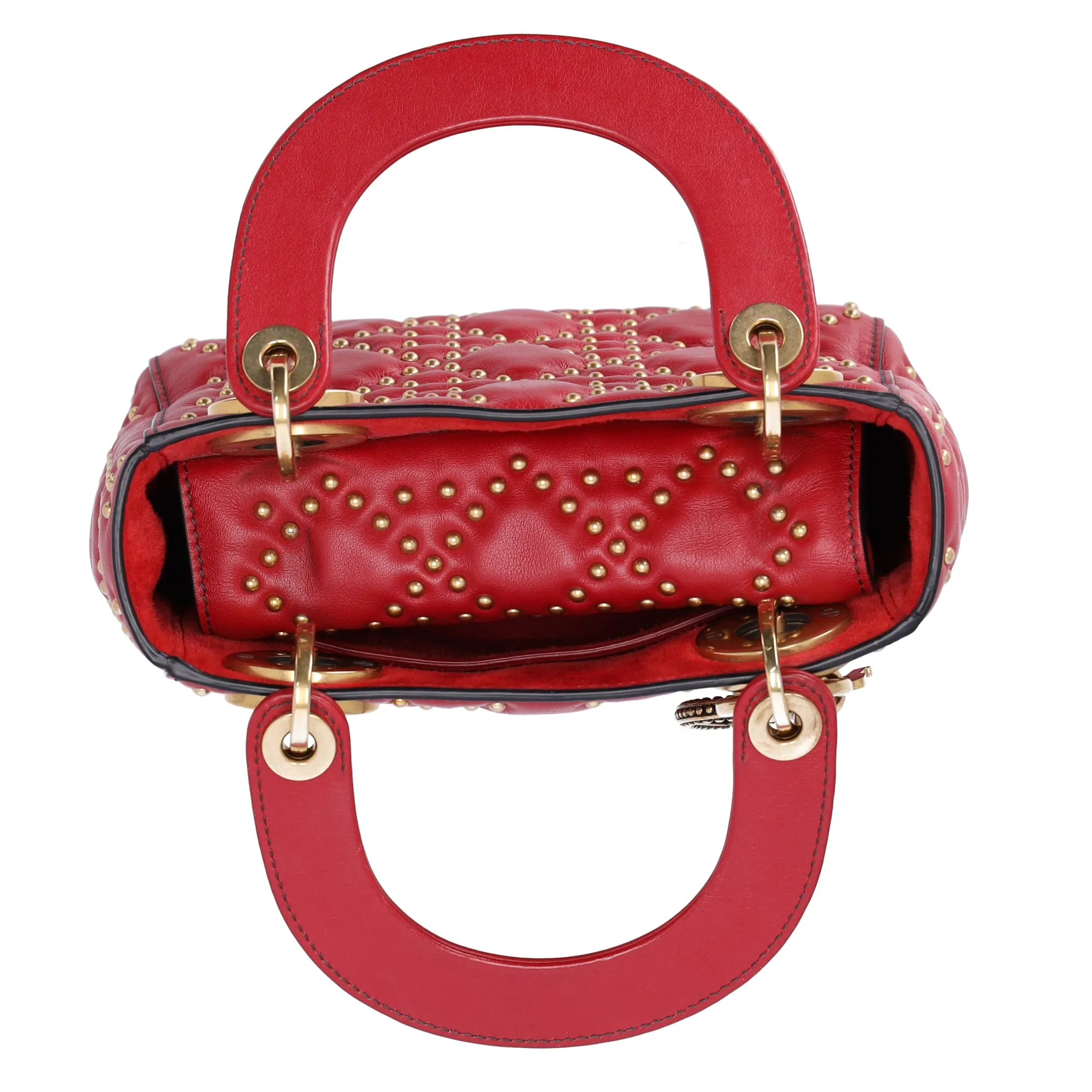 Christian Dior Lady Dior Mini Bag Handbag Red Gold Leather Studded