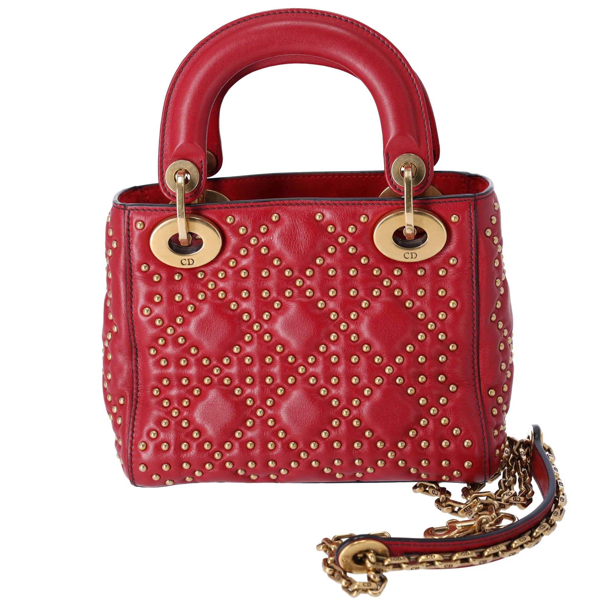 Christian Dior Lady Dior Mini Bag Handbag Red Gold Leather Studded
