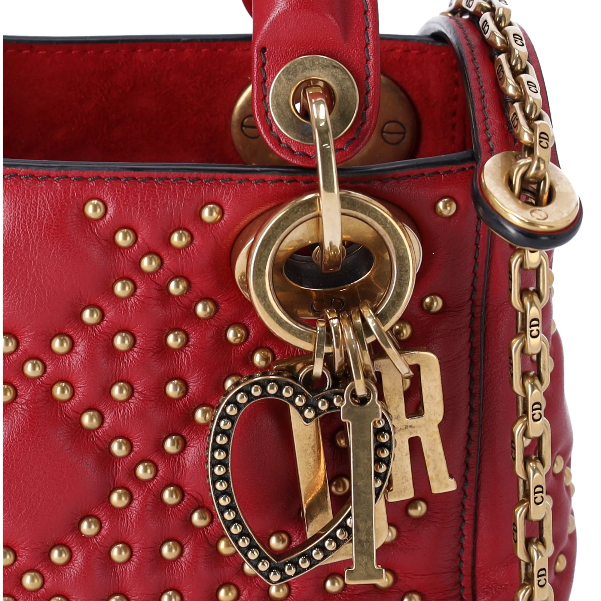 Christian Dior Lady Dior Mini Bag Handbag Red Gold Leather Studded