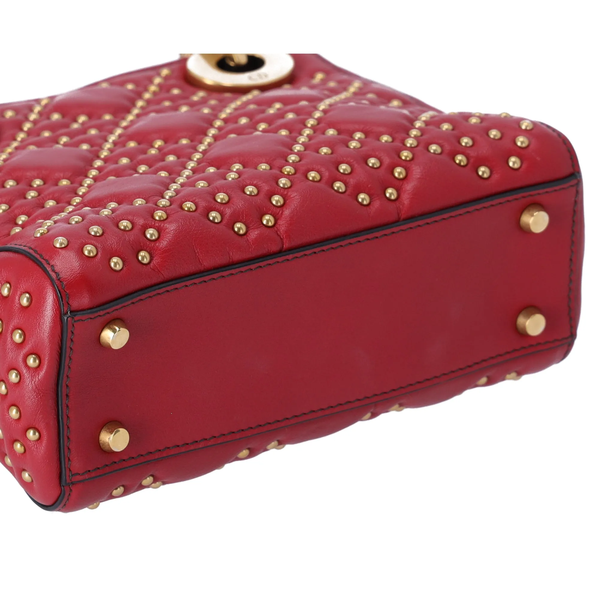 Christian Dior Lady Dior Mini Bag Handbag Red Gold Leather Studded