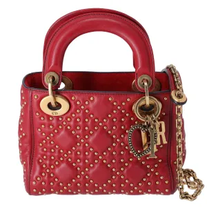 Christian Dior Lady Dior Mini Bag Handbag Red Gold Leather Studded