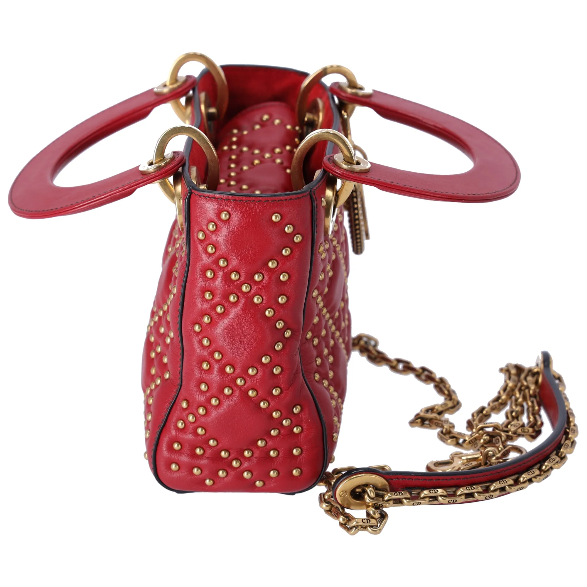 Christian Dior Lady Dior Mini Bag Handbag Red Gold Leather Studded