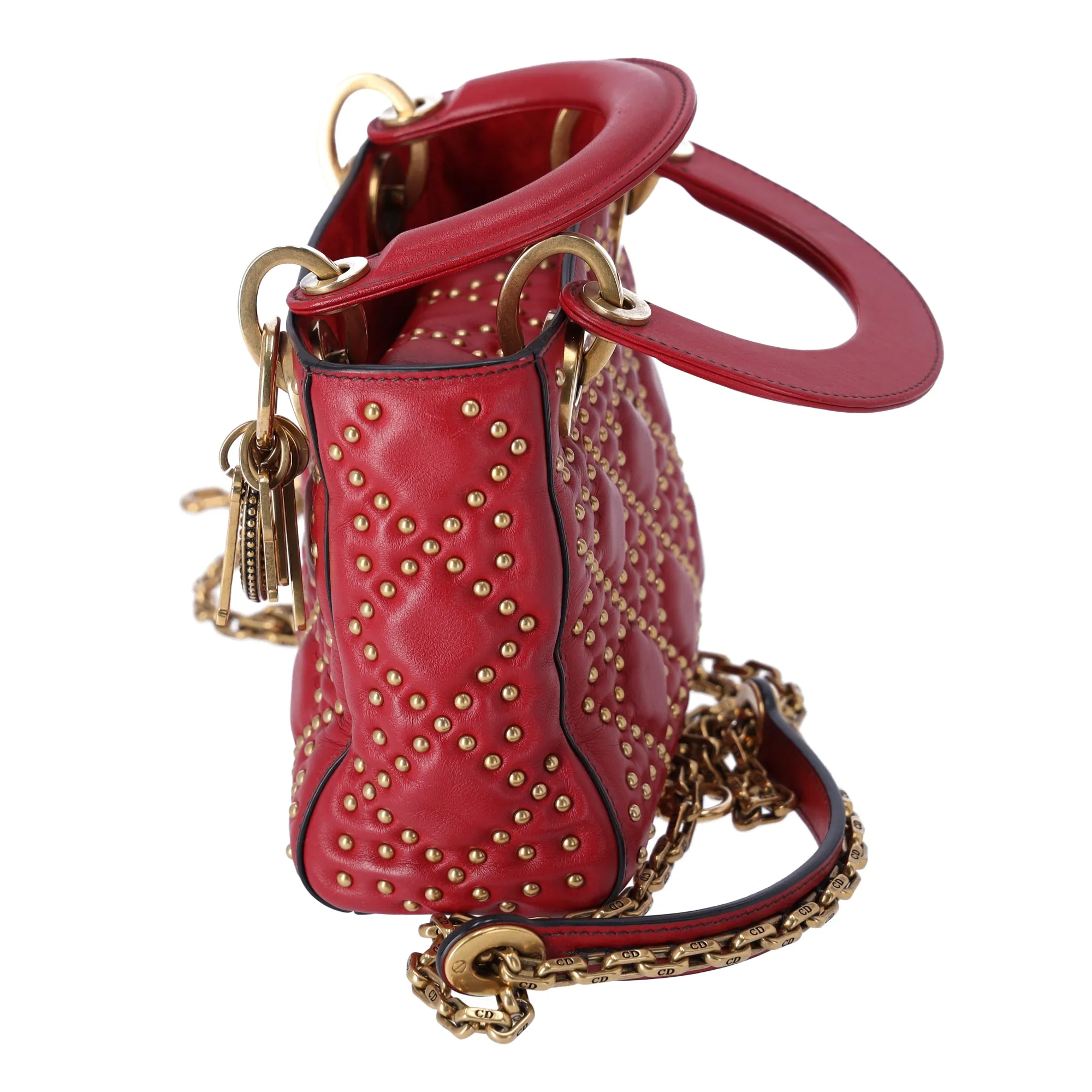 Christian Dior Lady Dior Mini Bag Handbag Red Gold Leather Studded