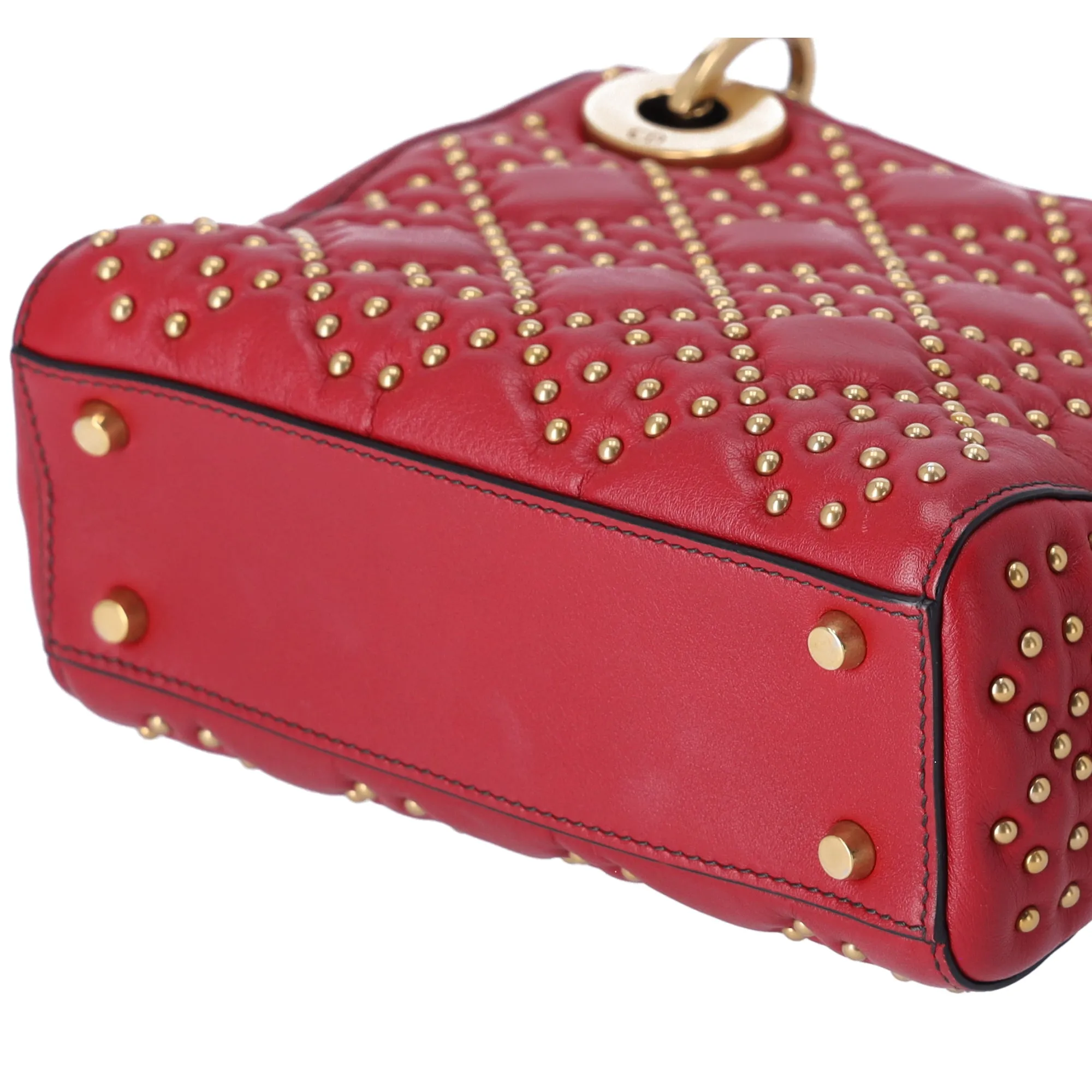 Christian Dior Lady Dior Mini Bag Handbag Red Gold Leather Studded