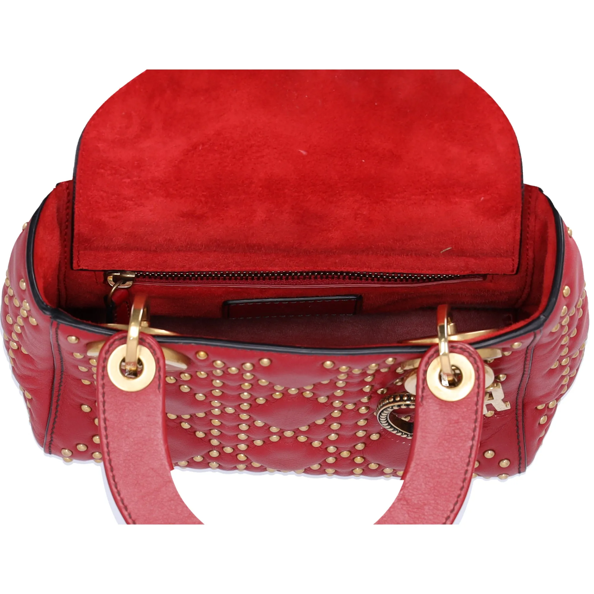 Christian Dior Lady Dior Mini Bag Handbag Red Gold Leather Studded