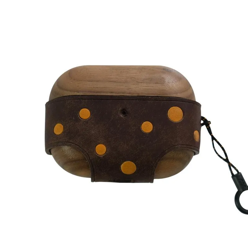 Coffee Spotted Wood Leather AirPods Pro Case with Strap Leather 1,2 AirPods Case Airpod Case Cover