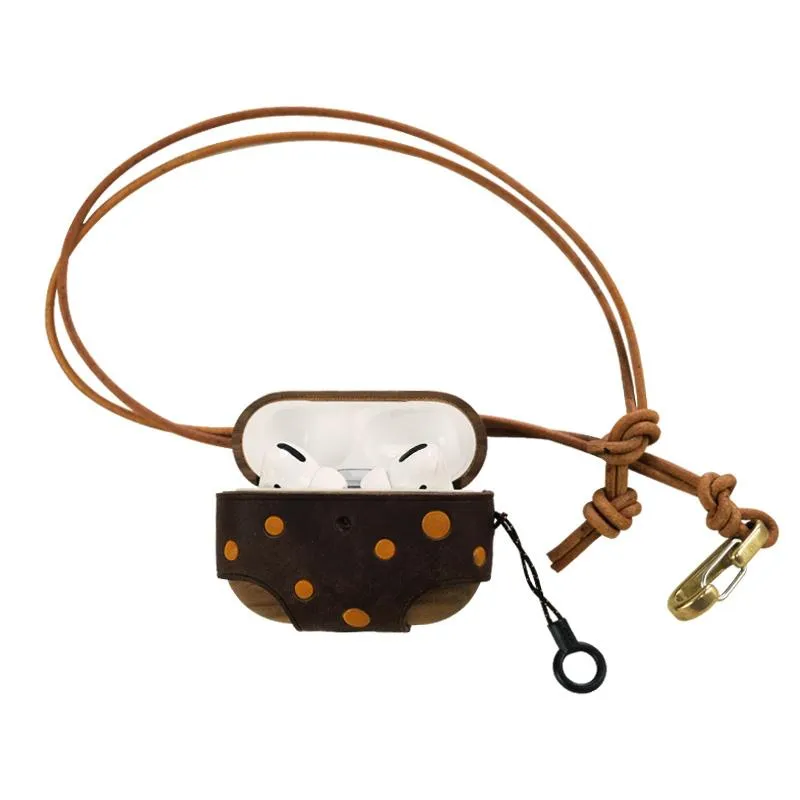 Coffee Spotted Wood Leather AirPods Pro Case with Strap Leather 1,2 AirPods Case Airpod Case Cover