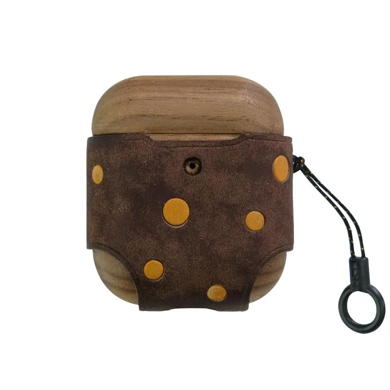 Coffee Spotted Wood Leather AirPods Pro Case with Strap Leather 1,2 AirPods Case Airpod Case Cover