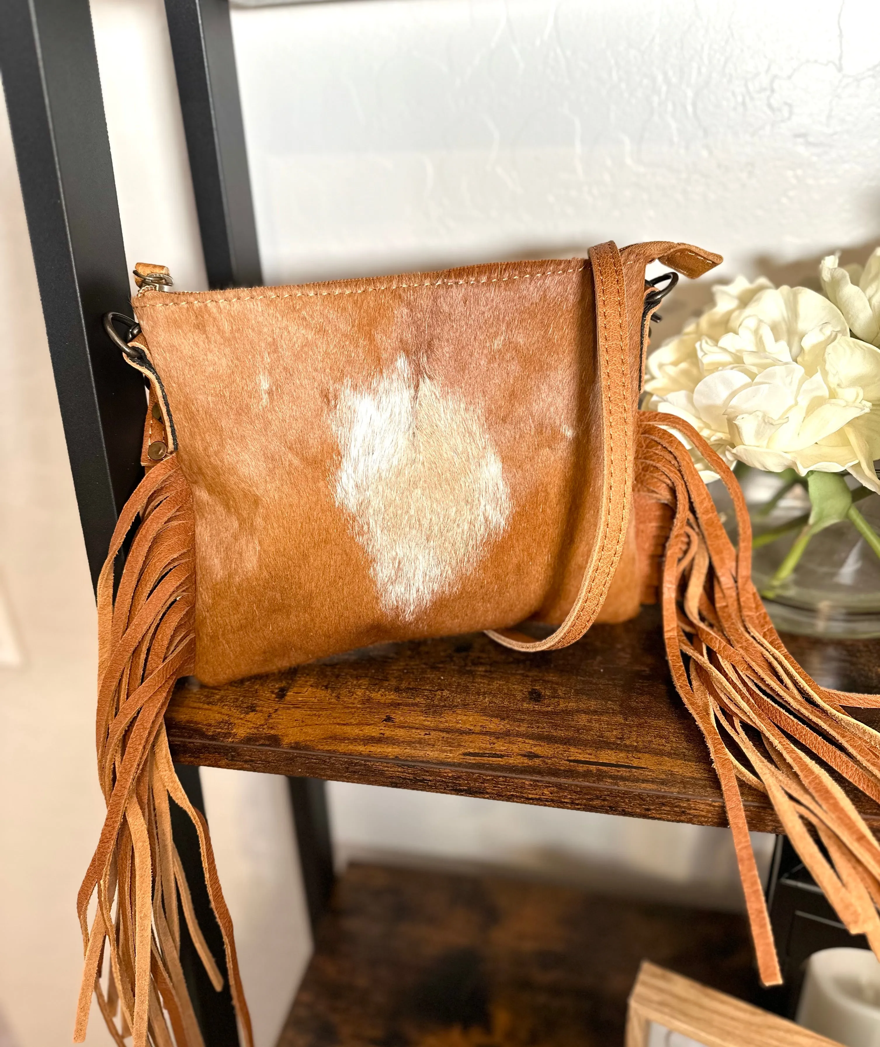 Cowgirl Weekend Light Brown Cowhide and Leather Fringe Handbag