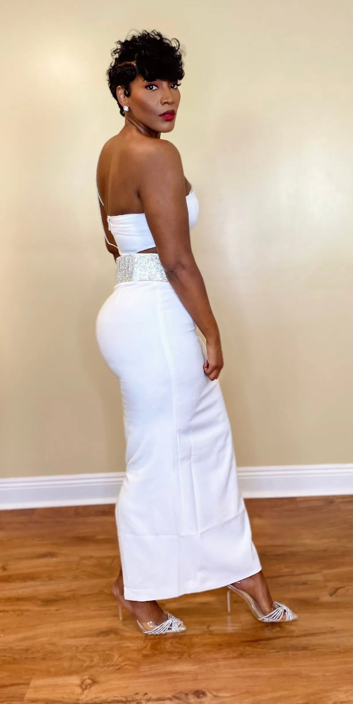 CRYSTAL TRIM SKIRT SET (WHITE)