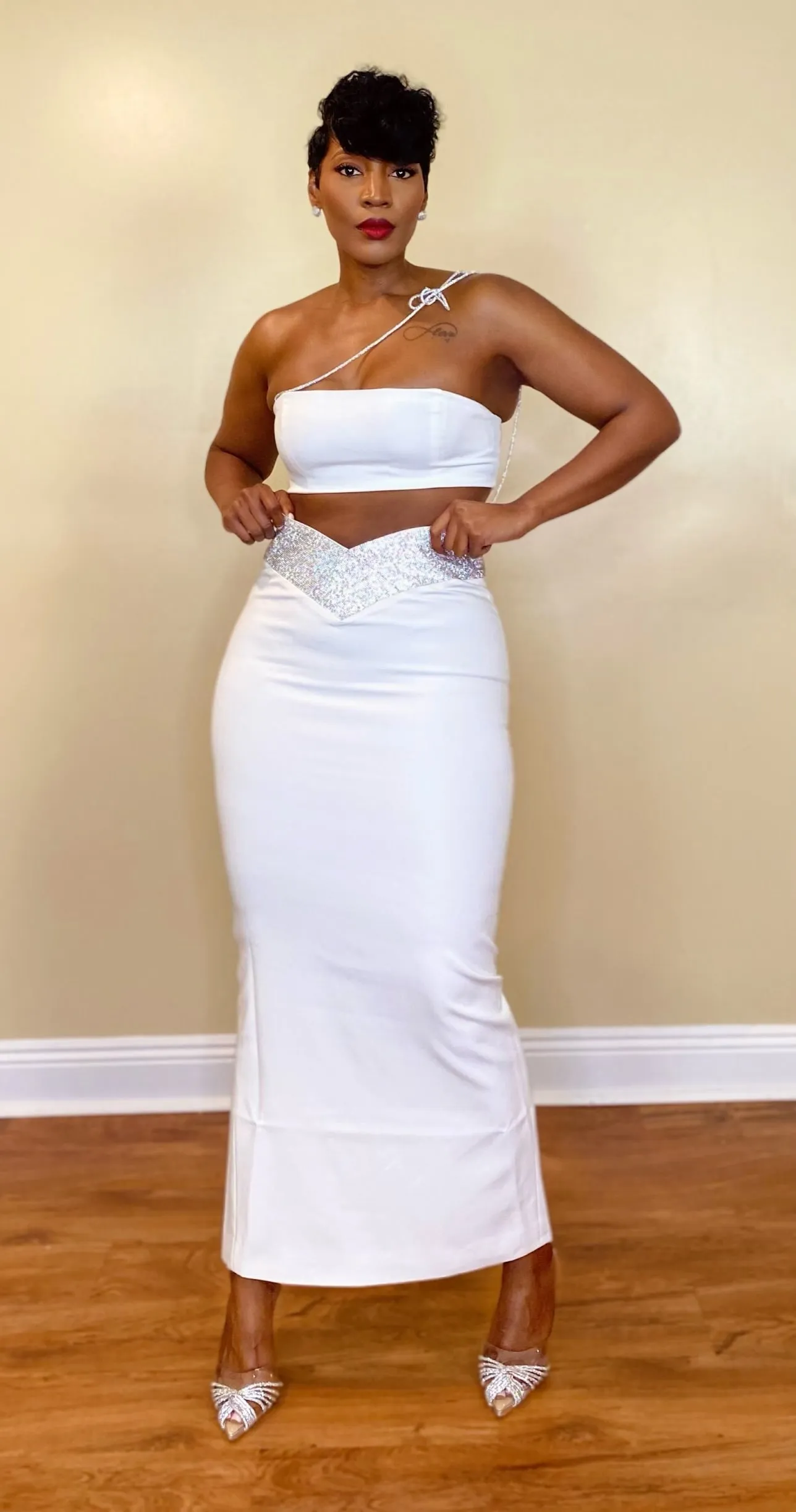 CRYSTAL TRIM SKIRT SET (WHITE)