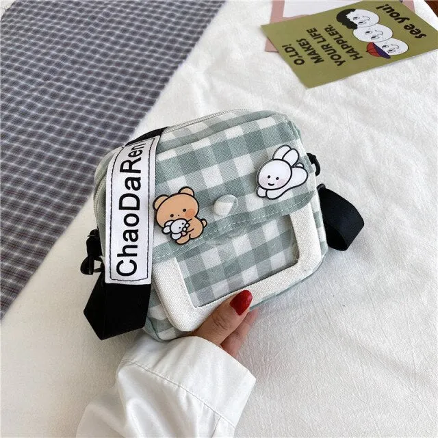 Cute Japanese Canvas Bag Female New Harajuku Student Messenger Bag Korean Cartoon Women Shoulder Small Square Bag