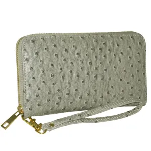 Designer inspired faux ostrich grey zipper pockets CD's bills coins woman L wall