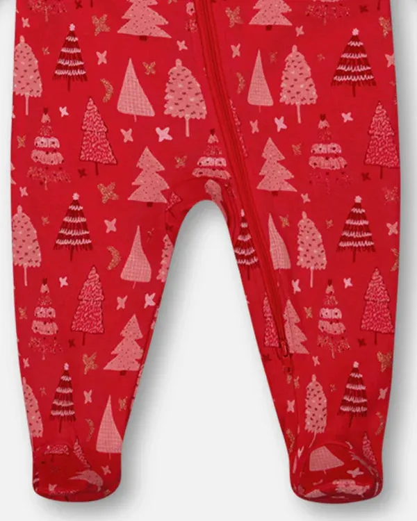 deux par deux Baby Organic Cotton One Piece Pajama - Red Printed Christmas Tree