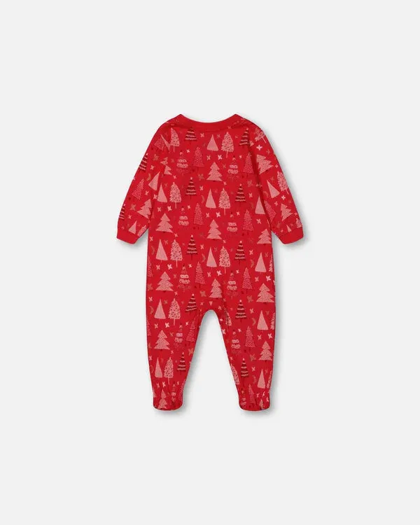 deux par deux Baby Organic Cotton One Piece Pajama - Red Printed Christmas Tree