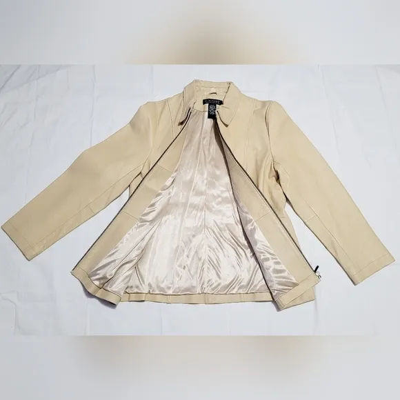 DIALOGUE Genuine Leather Jacket Beige Women's Size M ~ In EXCELLENT Condition!!