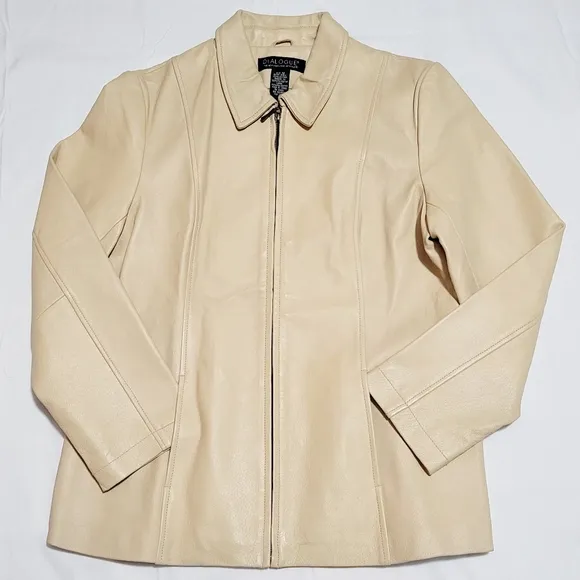 DIALOGUE Genuine Leather Jacket Beige Women's Size M ~ In EXCELLENT Condition!!