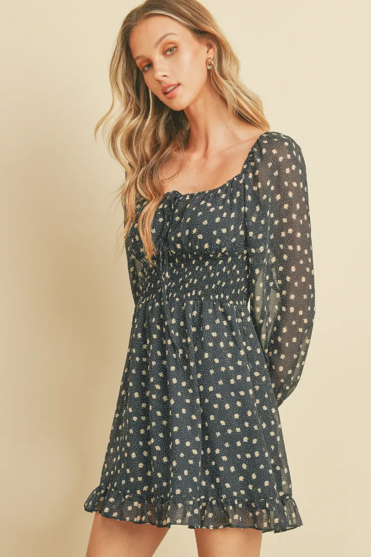 Dot and Floral Shirred Mini Dress