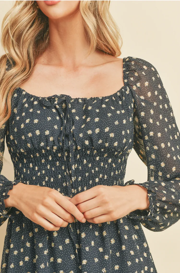 Dot and Floral Shirred Mini Dress